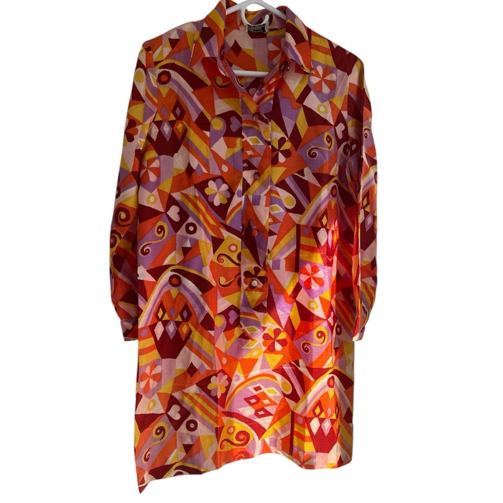 Vintage Peri Petites Floral Geometric Print 60s Orange Pink Lavender Tunic Dress